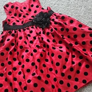 ❄️Elegant Red Polka Dot Kids Dress with Floral Accent #K